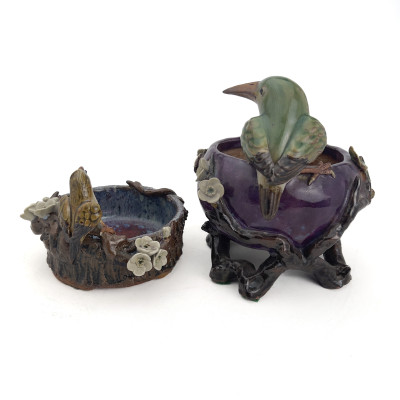 Two Chinese Shiwan Glazed Stoneware Bird Bowls