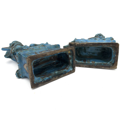 A Pair of Chinese Glazed Turquoise Ceramic Guardian Lions
