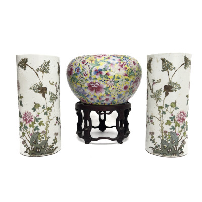 Image for Lot Group of Three Famille Rose Chinese Export Ceramics with Tongzhi and Qianlong Style Reign Marks