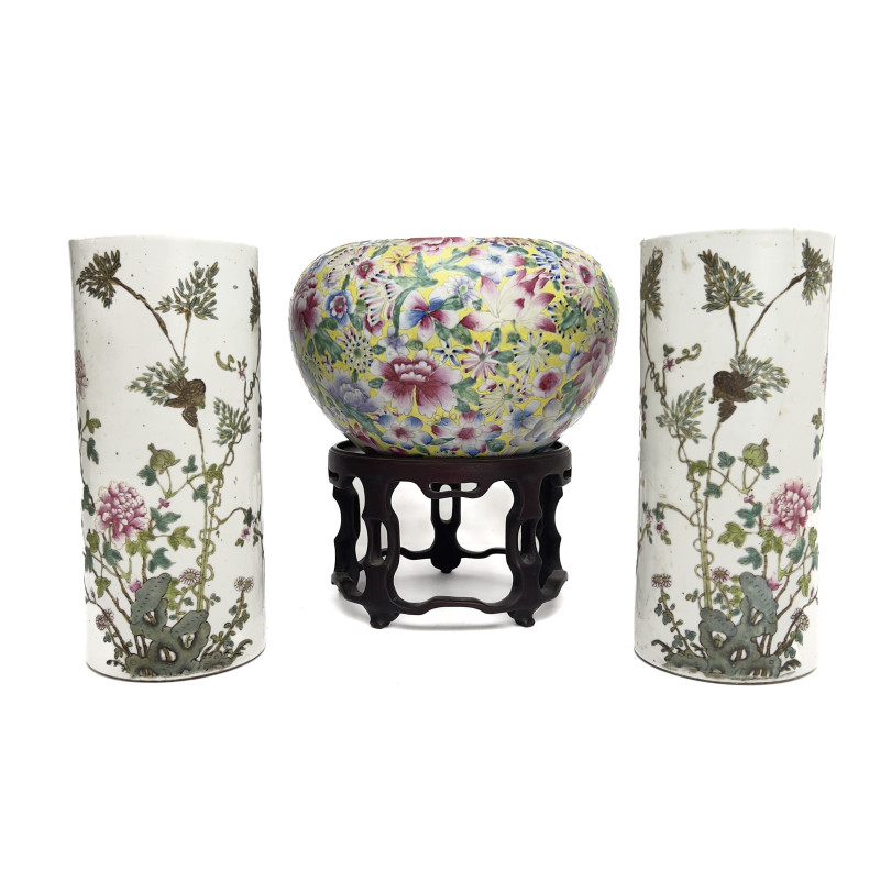 Group of Three Famille Rose Chinese Export Ceramics with Tongzhi and Qianlong Style Reign Marks