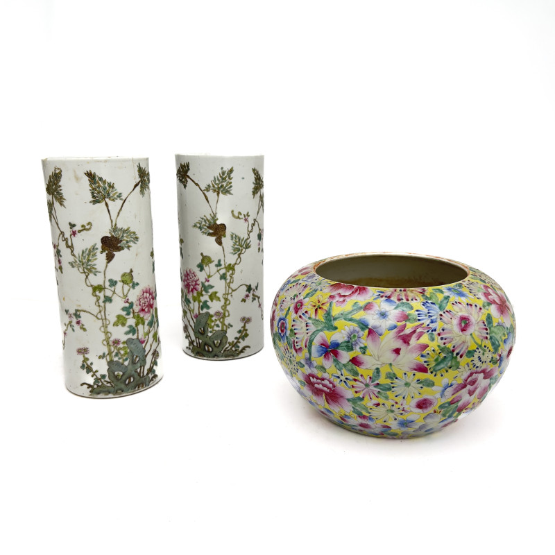 Group of Three Famille Rose Chinese Export Ceramics with Tongzhi and Qianlong Style Reign Marks