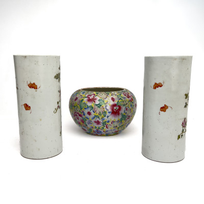 Group of Three Famille Rose Chinese Export Ceramics with Tongzhi and Qianlong Style Reign Marks
