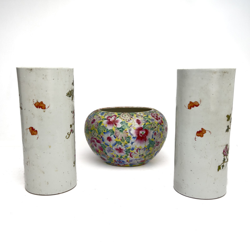 Group of Three Famille Rose Chinese Export Ceramics with Tongzhi and Qianlong Style Reign Marks