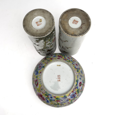 Group of Three Famille Rose Chinese Export Ceramics with Tongzhi and Qianlong Style Reign Marks