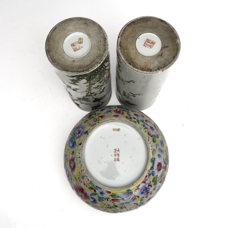 Group of Three Famille Rose Chinese Export Ceramics with Tongzhi and Qianlong Style Reign Marks