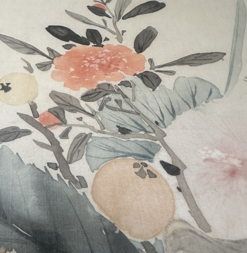 Chinese Painting on Silk of Peonies and Pomegranates