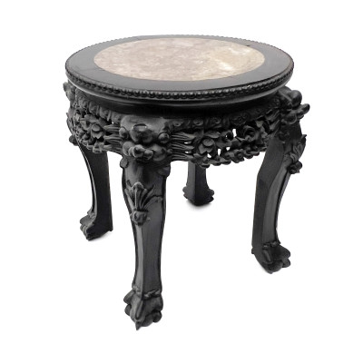 Image for Lot Chinese Carved Hardwood Marble-Top Round Side Table