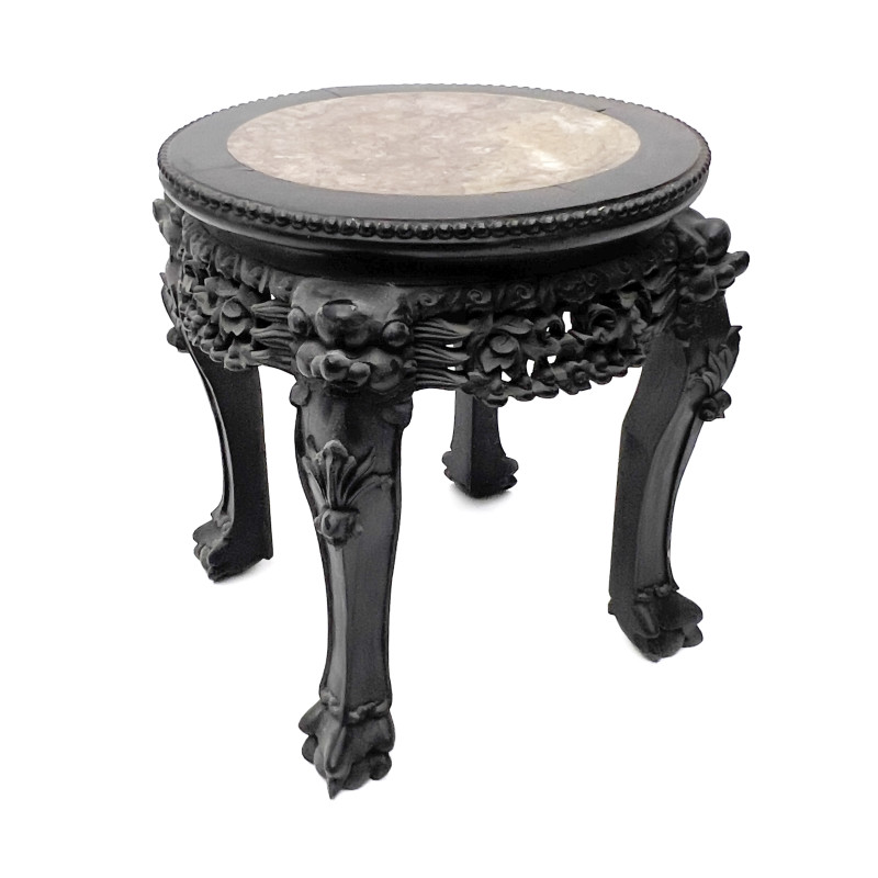 Chinese Carved Hardwood Marble-Top Round Side Table