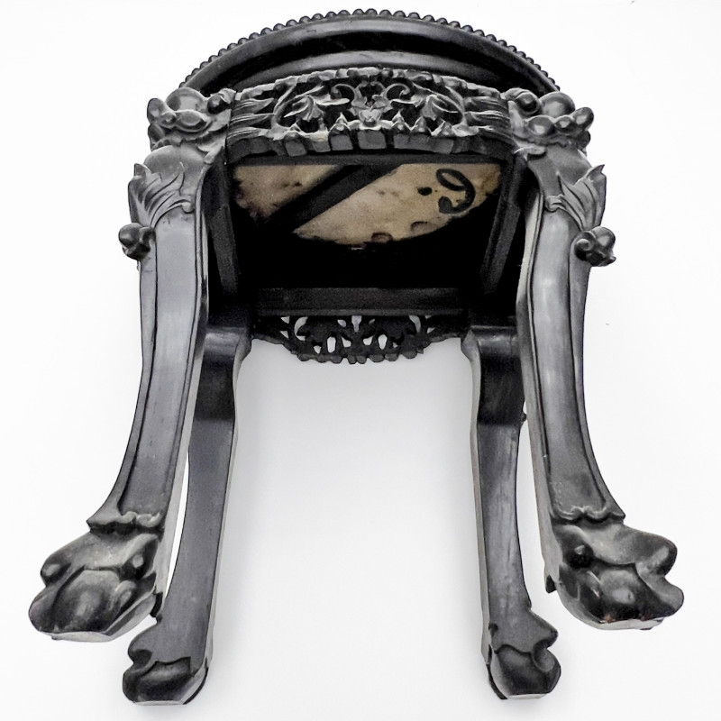 Chinese Carved Hardwood Marble-Top Round Side Table
