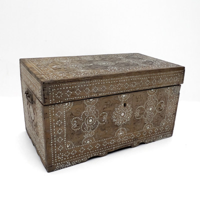 Image for Lot An Anglo-Indian or Middle Eastern Mother-of-Pearl Inlaid Hardwood Trunk, 19th Century