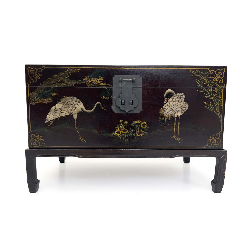 A Chinese Chinoiserie Black Lacquer Trunk on Stand