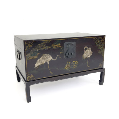 A Chinese Chinoiserie Black Lacquer Trunk on Stand