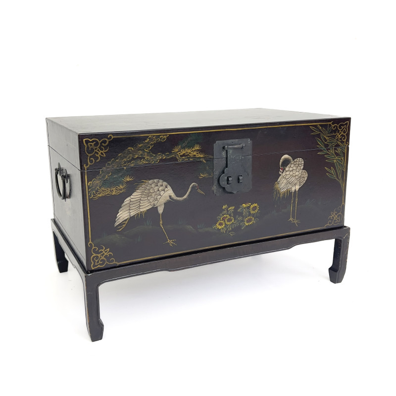 A Chinese Chinoiserie Black Lacquer Trunk on Stand
