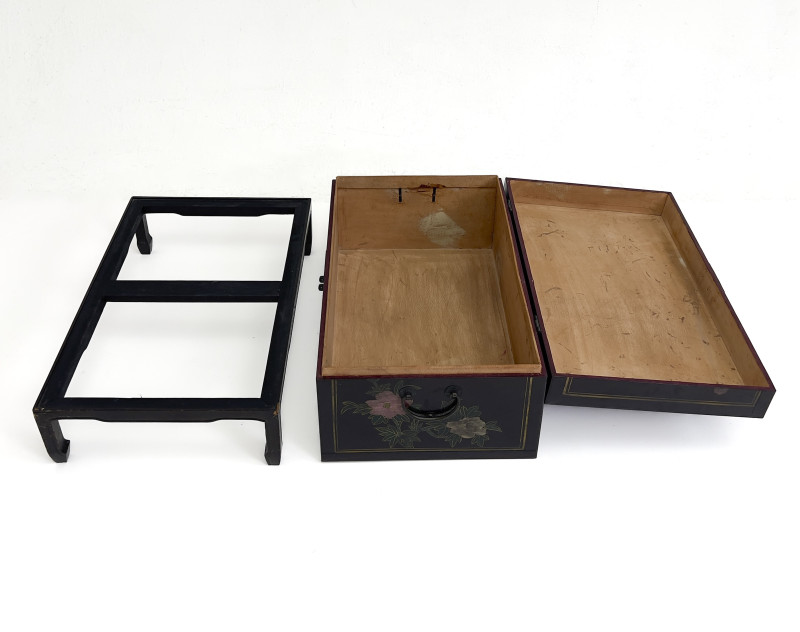 A Chinese Chinoiserie Black Lacquer Trunk on Stand