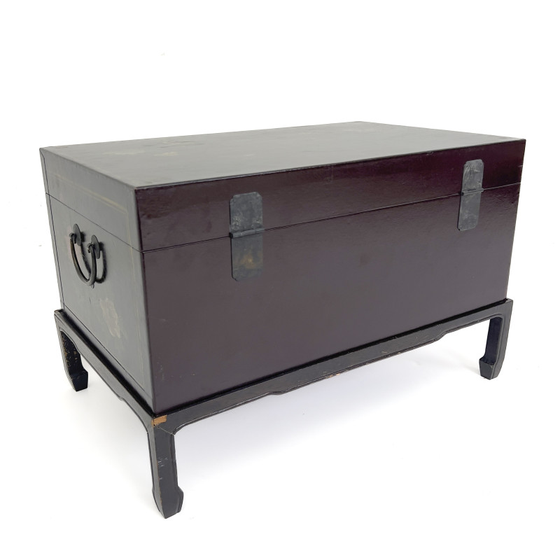 A Chinese Chinoiserie Black Lacquer Trunk on Stand