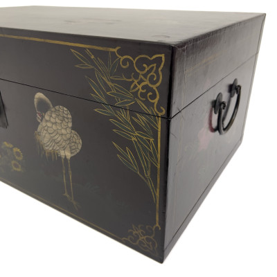 A Chinese Chinoiserie Black Lacquer Trunk on Stand