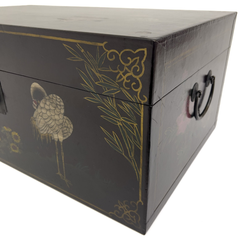 A Chinese Chinoiserie Black Lacquer Trunk on Stand