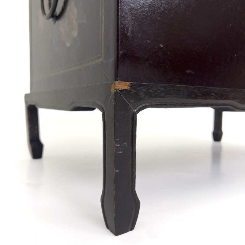 A Chinese Chinoiserie Black Lacquer Trunk on Stand