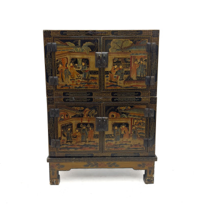 Image for Lot A Chinese Chinoiserie Black Lacquer Stacking Wedding Cabinet