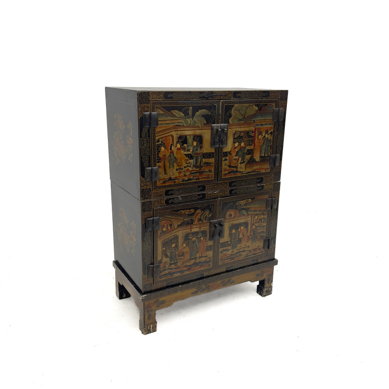 A Chinese Chinoiserie Black Lacquer Stacking Wedding Cabinet