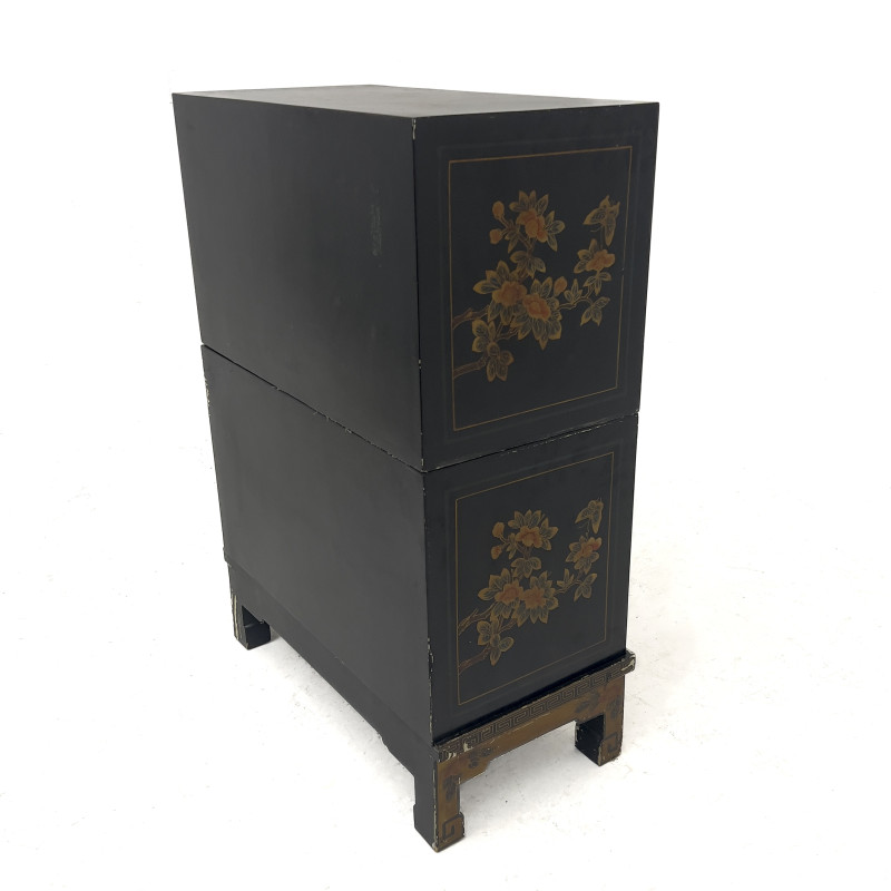 A Chinese Chinoiserie Black Lacquer Stacking Wedding Cabinet