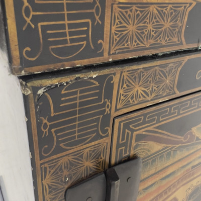 A Chinese Chinoiserie Black Lacquer Stacking Wedding Cabinet