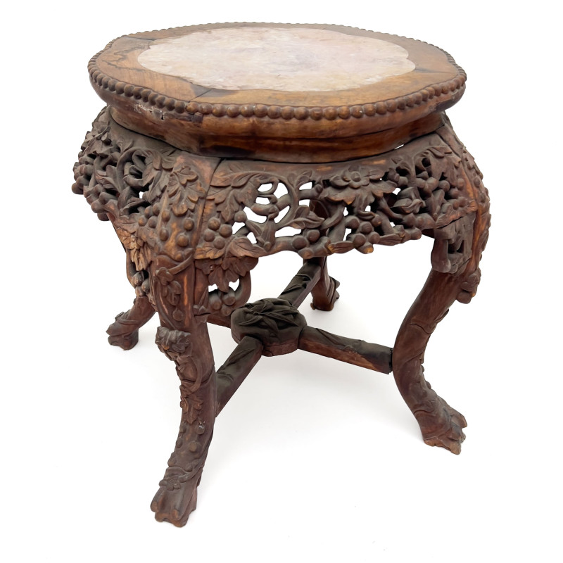Chinese Carved Rosewood and Dreamstone Marble Stand