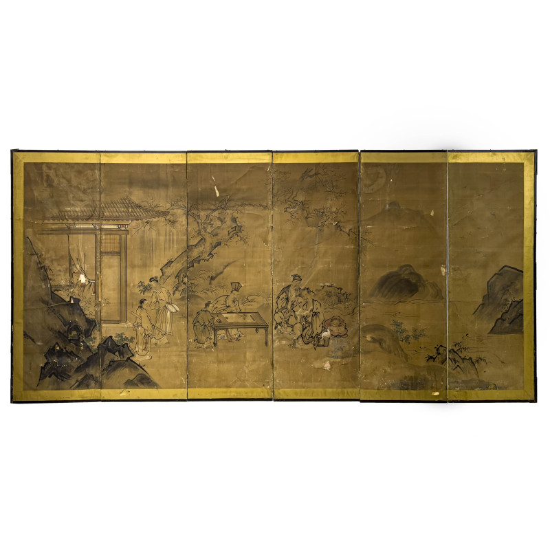Japanese Painted Six-Panel Folding Screen (Scholars Byōbu)