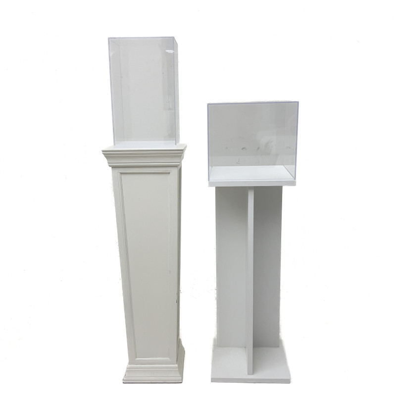Two Painted Wood and Plexiglass Display Pedestals