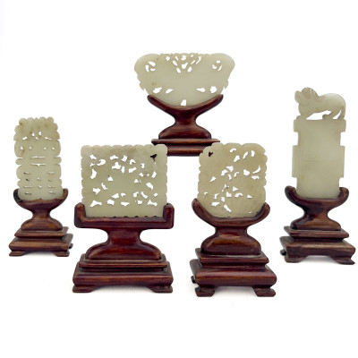 Image for Lot Group of Five Chinese Carved Jade Plaques on Wood Stands