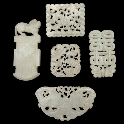 Group of Five Chinese Carved Jade Plaques on Wood Stands