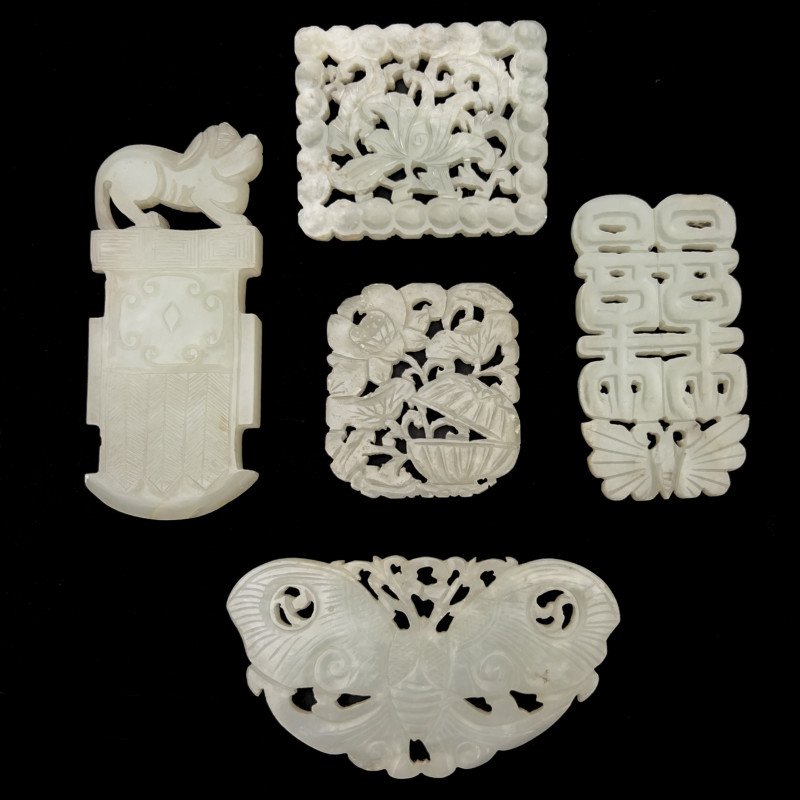 Group of Five Chinese Carved Jade Plaques on Wood Stands