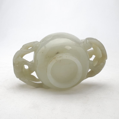 Chinese Carved Celadon Jade Twin-Handled Libation Cup on Fitted Wood Stand