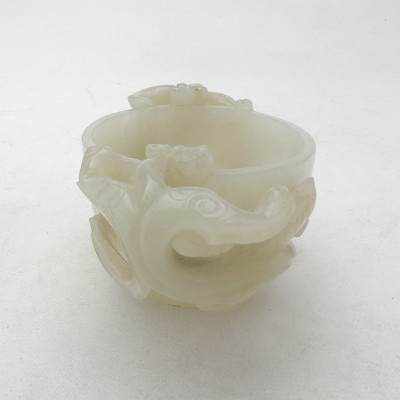 Chinese Carved Celadon Jade Twin-Handled Libation Cup on Fitted Wood Stand