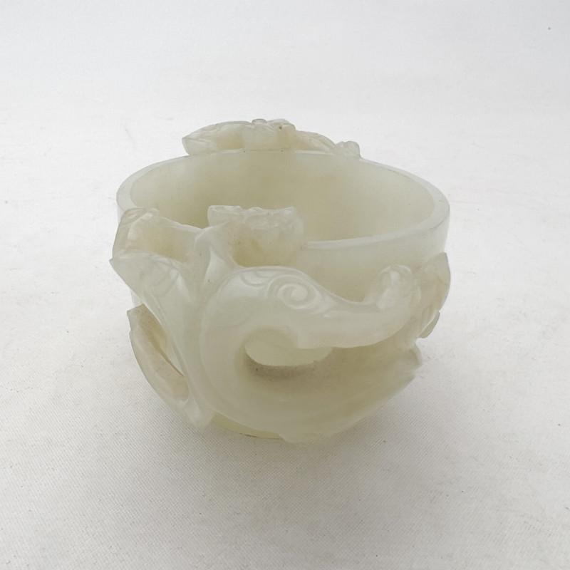 Chinese Carved Celadon Jade Twin-Handled Libation Cup on Fitted Wood Stand