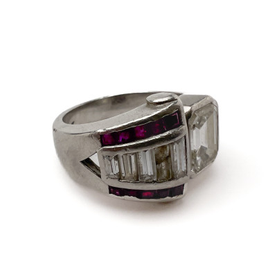 An Art Deco diamond, ruby, and platinum cocktail ring