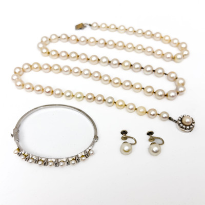 Image for Lot A Cultured Pearl and Diamond Three-Piece Jewelry Selection