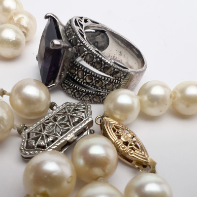 A pearl necklace group and sterling silver amethyst ring