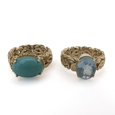 Image for Lot Two 14k Yellow Gold Turkish Solitaire Rings with Aquamarine and Turquoise