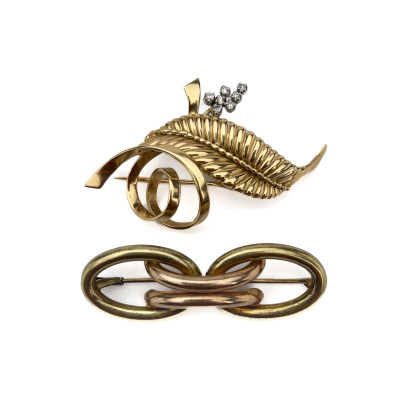 Image for Lot A two-piece 14k gold and platinum brooch lot containing diamonds