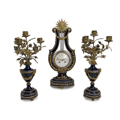 Image for Lot Tiffany & Co. - Three-Piece Gilt Bronze and Porcelain Clock Garniture Set