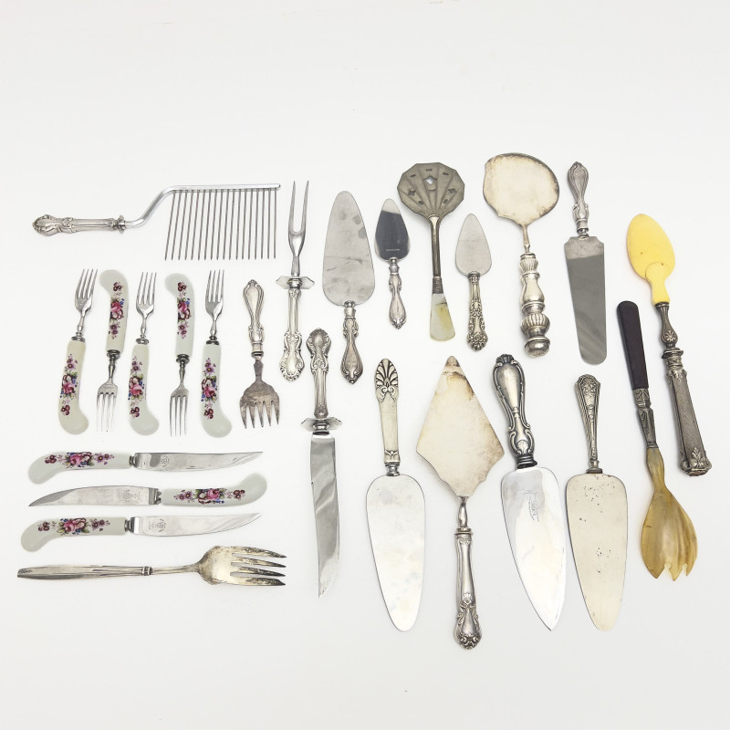 Group of Silver Serving Pieces and Royal Crown Derby Flatware