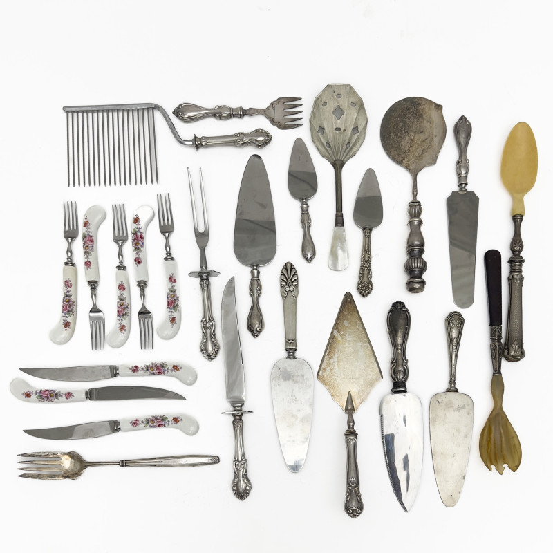 Group of Silver Serving Pieces and Royal Crown Derby Flatware