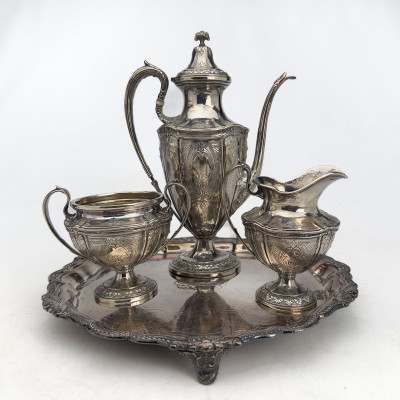 Image for Lot Theodore B. Starr - Four-Piece Coffee Service in Sterling Silver with Accompanying Silver-Plated Tray