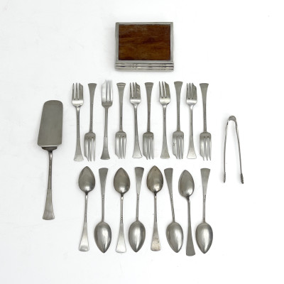 A Modernist 800 Silver Flatware Set and Cigarette Box
