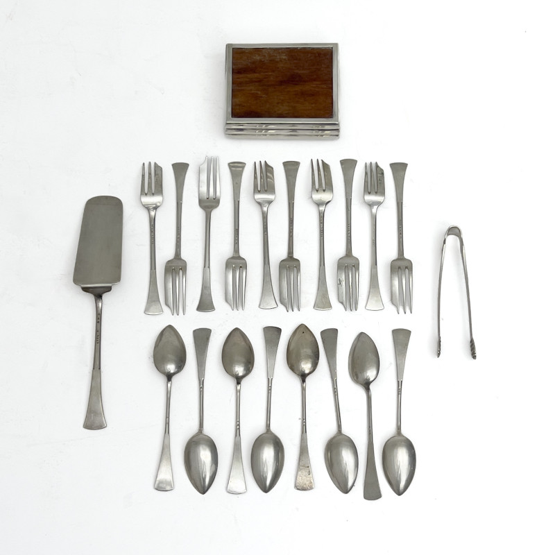 A Modernist 800 Silver Flatware Set and Cigarette Box