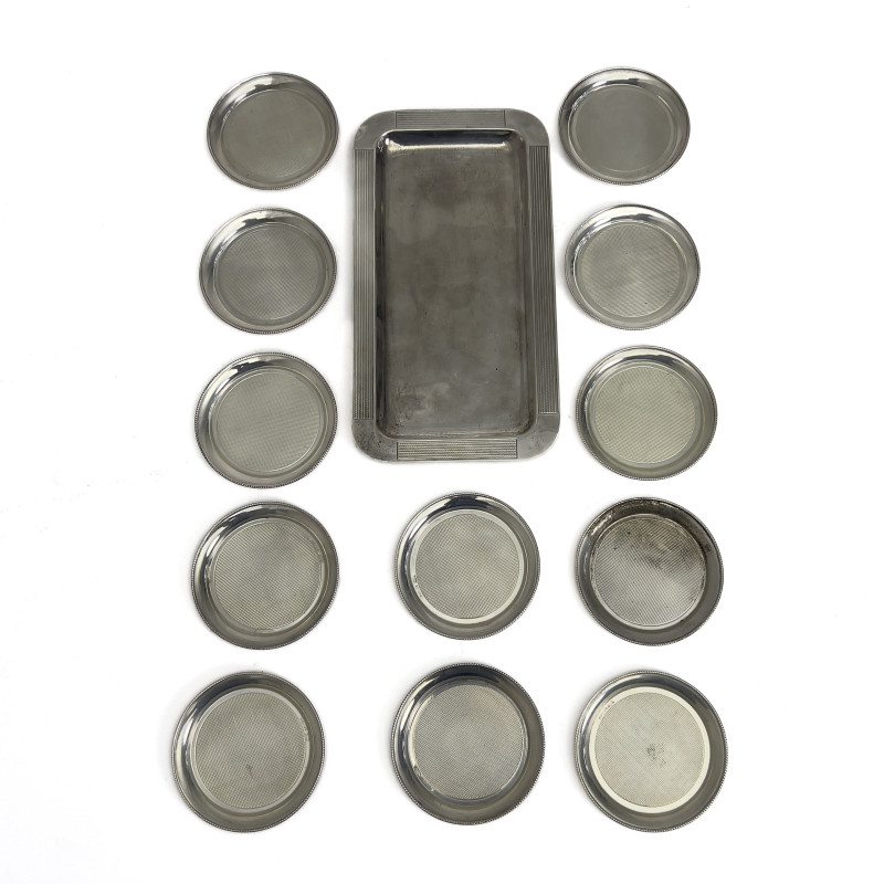 An Argentine Sterling Silver Twelve-Piece Coaster Set with Tray