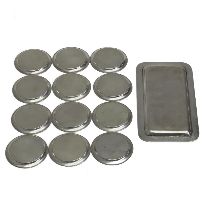An Argentine Sterling Silver Twelve-Piece Coaster Set with Tray