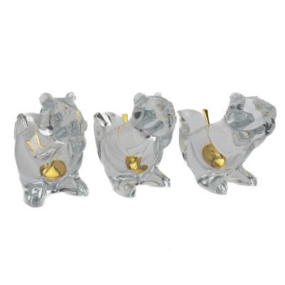 Image for Lot Steuben Glass - A Set of Three Steuben Crystal Figural Squirrel Nut Dishes with Gold-Tone Spoons