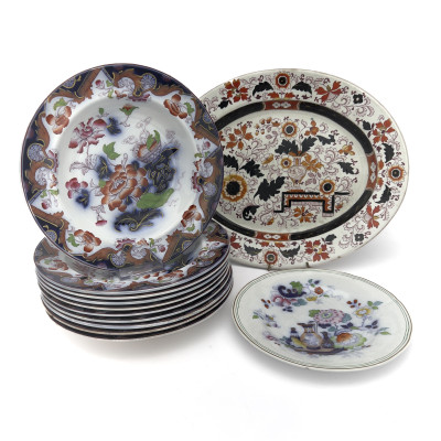 Image for Lot English Imari-Palette Ironstone Platter and Continental Porcelain Plates Lot